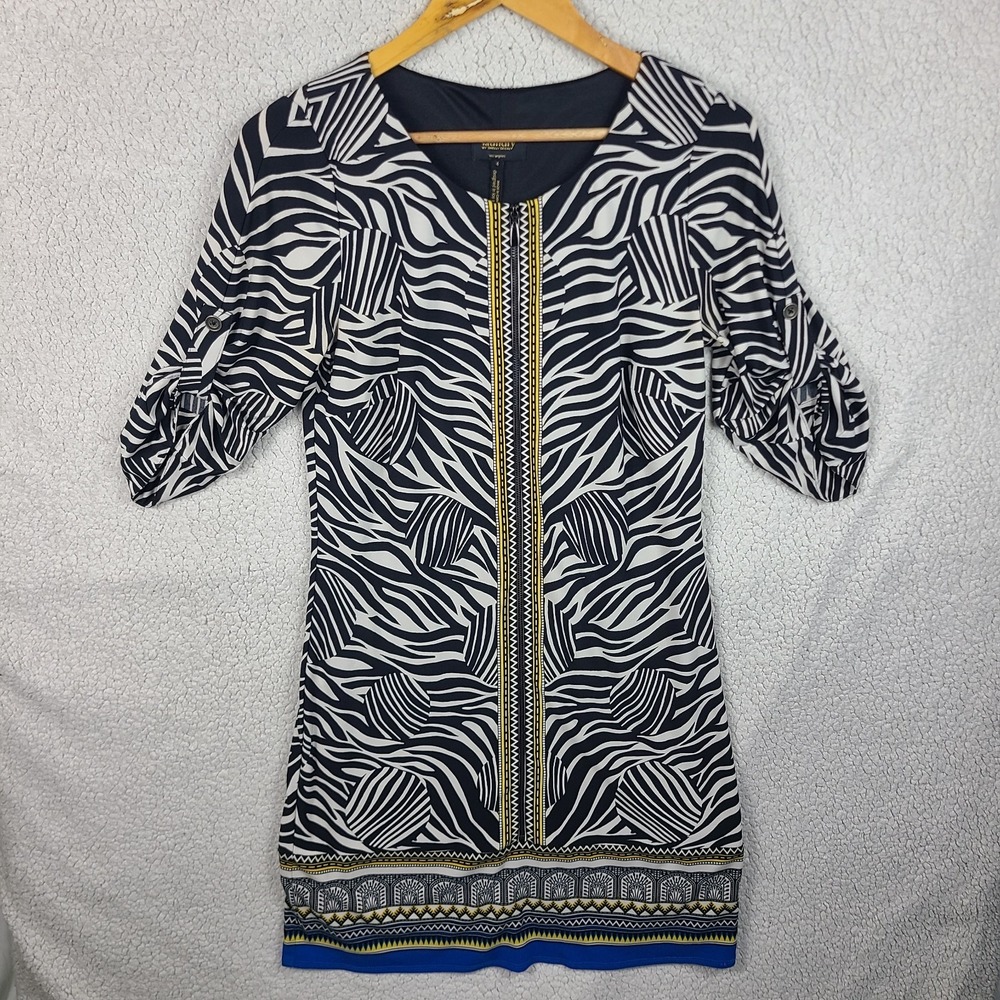 Laundry by Shelli Segal Zebra Shift Dress Geometric Tribal Blue Yellow Size 4